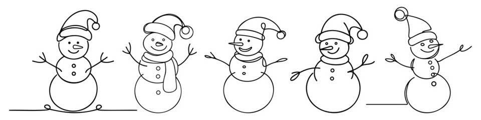 Set Snowman in a hat. Christmas decoration. Continuous line drawing. Vector illustration
