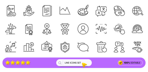 Music, Vr and Talk bubble line icons for web app. Pack of Ethics, Winner ribbon, Translate pictogram icons. Internet search, Report, Decreasing graph signs. Difficult stress. Search bar. Vector