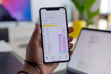 A hand holding a smartphone with a time management app open, showcasing a well-organized schedule and to-do list on blurred office background.