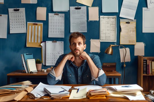 A man sitting at a desk cluttered with papers and a calendar, looking overwhelmed but focused, representing the challenge of balancing multiple tasks and deadlines.