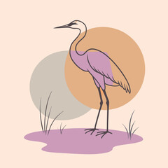 a heron standing on the edge of a body of water. The heron is facing towards the right side of the image, with its long neck and legs extended
