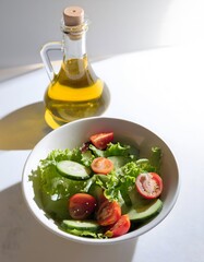 A bowl of fresh green salad with tomatoes, cucumbers, and olive oil on a white background.