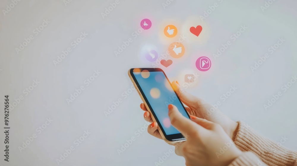Poster Female hand interacting with a smartphone screen displaying social media notifications. Engaging with digital content.