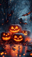 Halloween glowing pumpkin with eerie bats flying near a haunted house, perfect for a Halloween commercial.