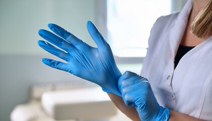 The doctor puts on blue gloves
