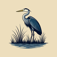 a heron standing on the edge of a body of water. The heron is facing towards the right side of the image, with its long neck and legs extended