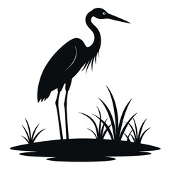 a heron standing on the edge of a body of water. The heron is facing towards the right side of the image, with its long neck and legs extended