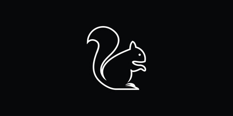 illustration of a squirrel logo, with white line art on a black background.vector