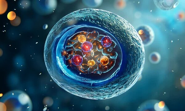 3D representation of a human cell, with organelles that appear to be the nucleus and mitochondria, floating in a semi-transparent blue fluid, capturing the complex world of cellular biology