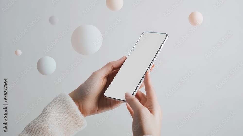 Poster hands holding a smartphone with 3d floating chat bubbles, depicting modern communication technology.