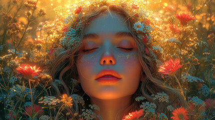 Dreamy woman surrounded by glowing flowers in sunlight
