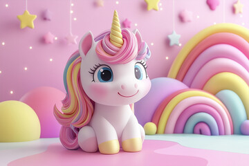 Obraz premium White cartoon unicorn with rainbow mane and tail in pink room with rainbows and hanging stars.