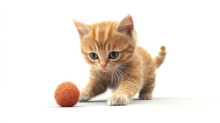 A ginger kitten plays with a toy ball.