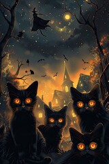 Black Cats with Glowing Eyes Halloween Night
