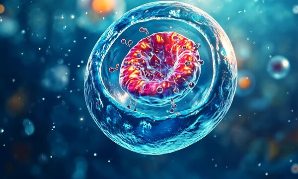 3D representation of a human cell, with organelles that appear to be the nucleus and mitochondria, floating in a semi-transparent blue fluid, capturing the complex world of cellular biology
