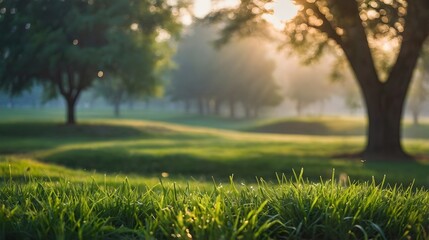 Vibrant green grass in a misty park setting captures the soft light of an early morning sunrise through distant trees.