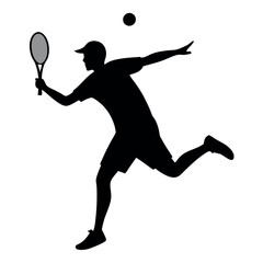 a tennis player in action. The player is in mid-air, with his body stretched out to hit the ball with his racket. silhouette