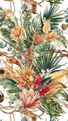 Obraz premium Watercolor boho dried tropical floral bouquets seamless pattern. Hand drawn floral set perfect for wedding invitation, fabric, textile, digital scrapbooking, greeting cards.