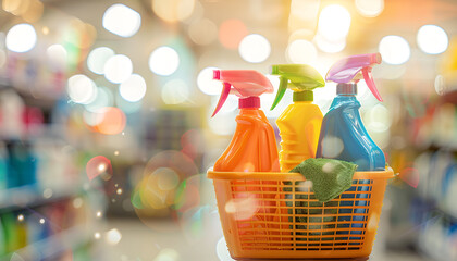 Cleaning products in a basket, including spray bottles and detergent, symbolize cleanliness and organization