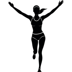 a woman running with her arms stretched out wide. She is wearing a sports bra and shorts, and her hair is tied back in a ponytail