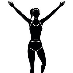 a woman running with her arms stretched out wide. She is wearing a sports bra and shorts, and her hair is tied back in a ponytail