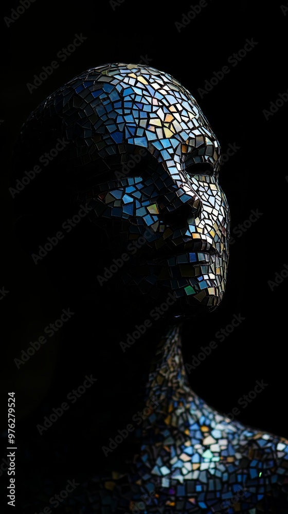 Poster abstract human face made of reflective mosaic tiles in low light. concept of digital identity and te