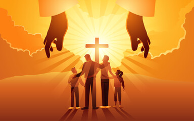 The hand of God protects and blesses a Christian family heading to the top of a hill on which there is a cross.