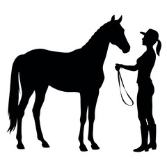 a woman standing next to a horse. The woman is holding the horse's reins and appears to be leading it