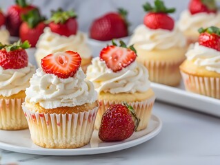 Strawberry Cheesecake Cupcakes on a White Plate on a Kitchen Counter