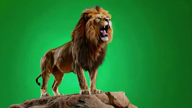 Powerful Lion Roaring on a Rock. Green screen 4K animation.