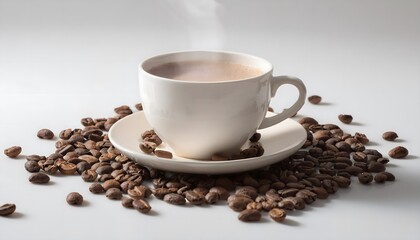 A cup of steaming hot coffee surrounded by coffee beans on a white background