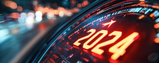 Futuristic speedometer displaying the year 2024 in vibrant red with an urban blurred light background