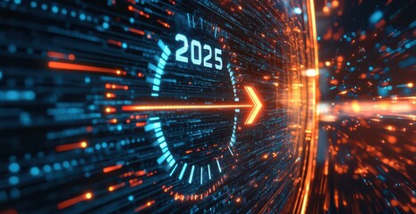 Futuristic digital speedometer highlighting the year 2025 with dynamic arrow indicating forward momentum