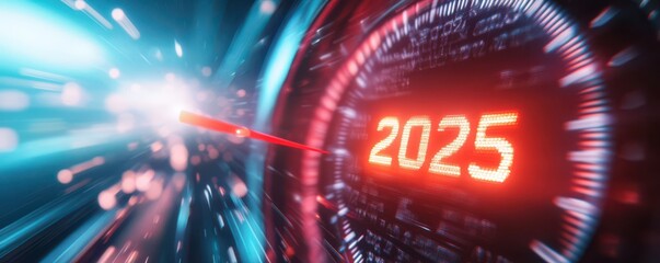 Speedometer depicting futuristic digital technology with glowing numbers 2025, symbolizing progress and future innovation