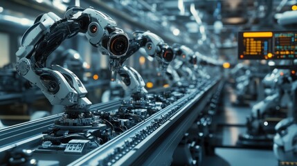 Fototapeta premium many robots arms working on a conveyor belt