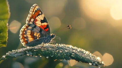 A beautiful butterfly perched on a leaf, illuminated by the morning sun.