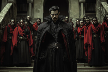 Naklejka premium A dark gathering of Dracula and his followers in a grand, eerie hall surrounded by shadows and mystery at twilight