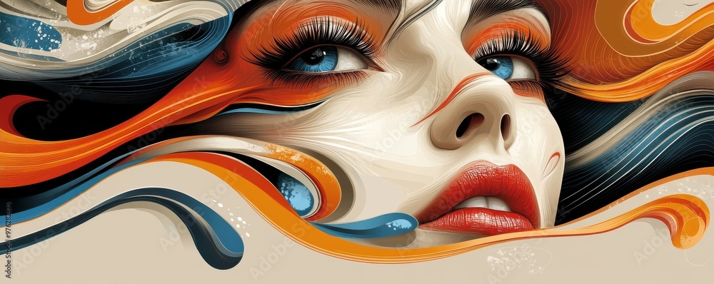 Wall mural Vibrant illustration of a woman's face with flowing waves in dynamic colors, showcasing beauty and artistic expression