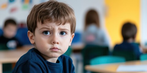 A young boy in a classroom setting with a blurred background of students, focusing forward on the learning material, embodying the concept of education and concentration.