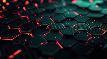 Fototapeta premium Modern hexagonal carbon fiber with red luminous lines and highlights background
