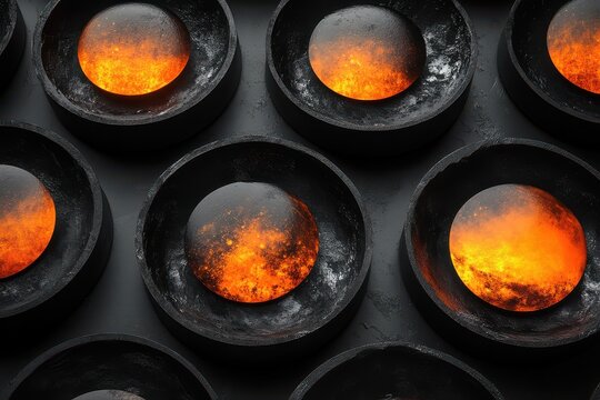 Abstract image of molten spheres with fiery orange glow inside metallic black circles, creating a futuristic and mesmerizing industrial art scene - Powered by Adobe