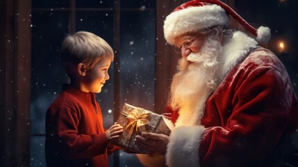 Fototapeta premium Magical Christmas background with Santa Claus and children. Winter fairytale style. Holiday celebration concept.