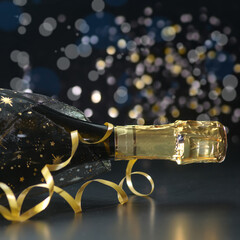 New Year concept, with bright light and champagne glass, abstract bokeh background