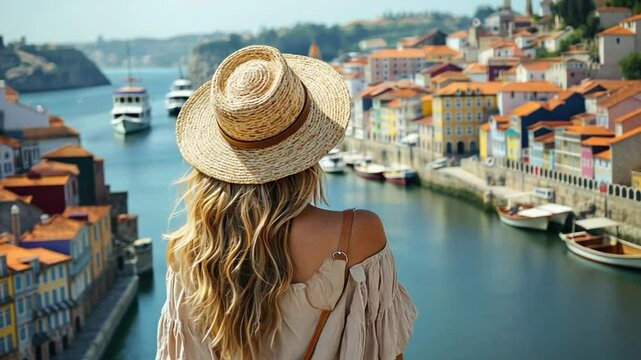 Blond woman wearing a sun hat enjoying the view of porto cityscape