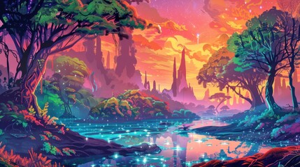 Vibrant Fantasy Landscape with Glowing River