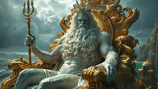 Powerful god poseidon holding trident sitting on golden throne in the sea