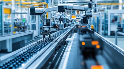 modern manufacturing plant with high-tech machinery. There are large machines with multiple arms working in tandem to assemble components