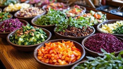 A close-up shot of a variety of colorful salad ingredients arranged in rustic wooden bowls on a wooden surface, showcasing a vibrant selection of fresh produce.