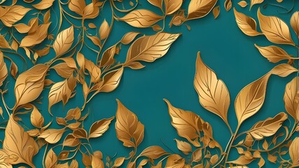 Vector line art background with golden leaves. elegant gold abstract wall covering in shades of tidewater green and blue. Print design, fabric design, cover design, and home décor design. vector artwo