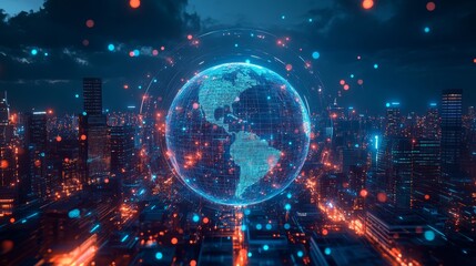 Obraz premium This uniquely AIgenerated artwork presents a captivating abstract globe, specifically emphasizing North America. It features a vibrant digital network overlay that intricately connects regions